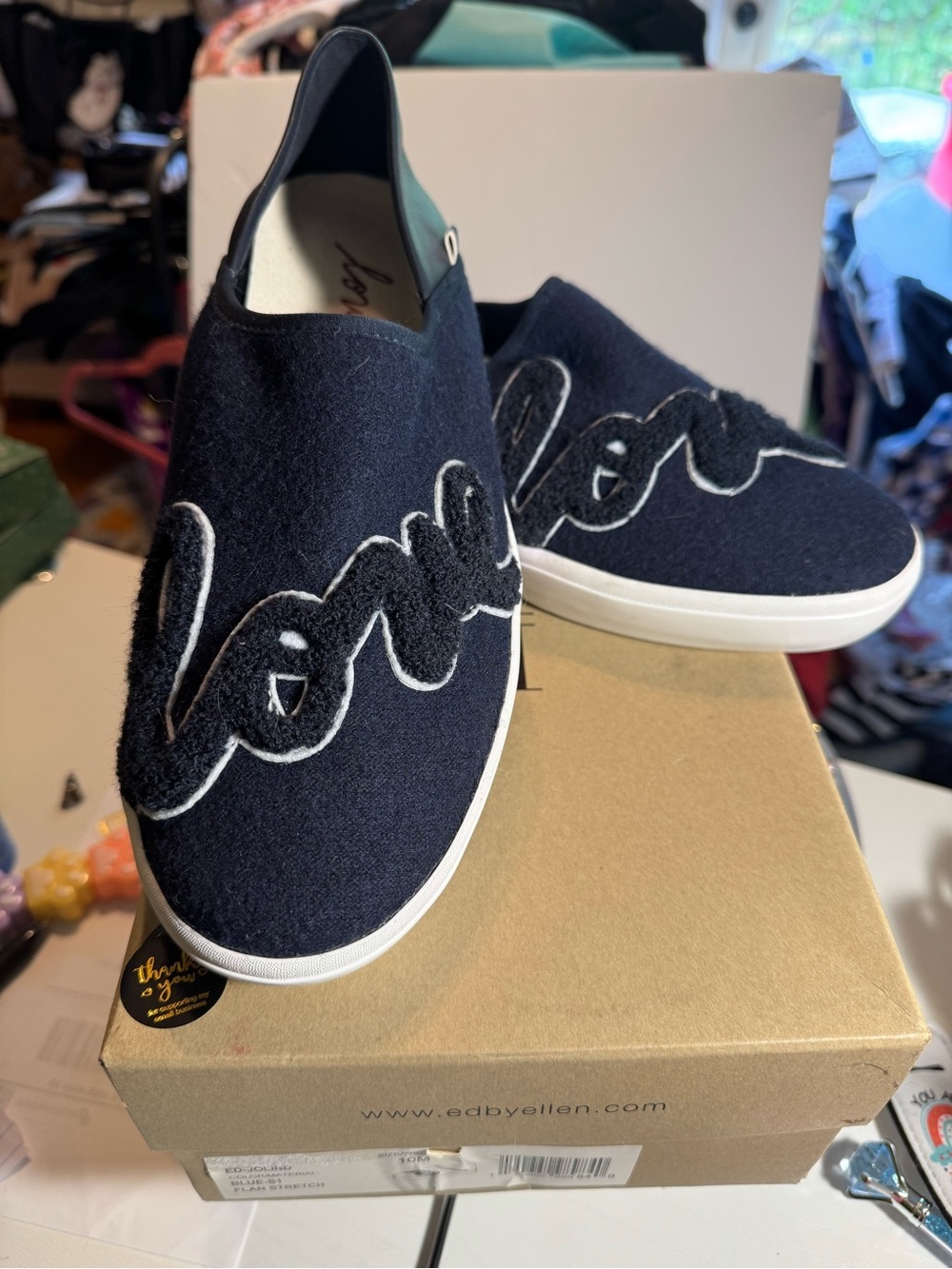 Ellen Degeneres Navy Joland Sneaker with Script Appliqué “Love” NIB